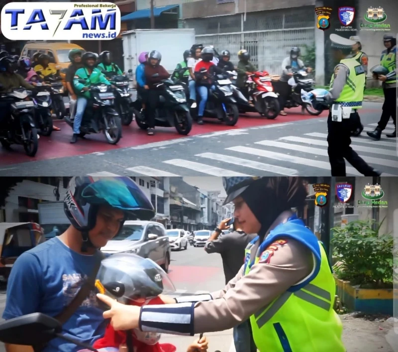 Pengendara Motor Terharu pada Personil Unit Kamsel Satlantas Polrestabes Medan Saat Bagikan Helm SNI Gratis - TajamNews