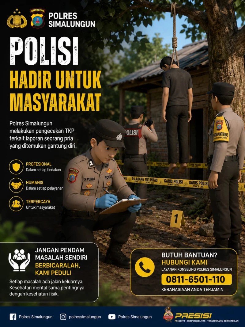 Polres Simalungun Respons Cepat Evakuasi Korban Diduga Putus Cinta, Pemuda 27 Tahun Ditemukan Gantung Diri di Gubuk Perladangan - www.tajamnews.co.id