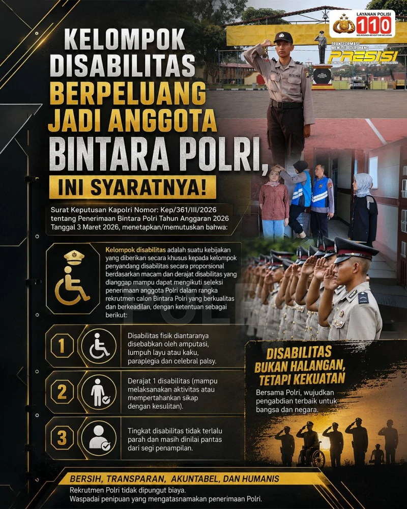 Polri Buka Pintu Lebar untuk Penyandang Disabilitas: Rekrutmen Bintara 2026 Hadirkan Seleksi Inklusif, Berkeadilan, dan Setara - TajamNews