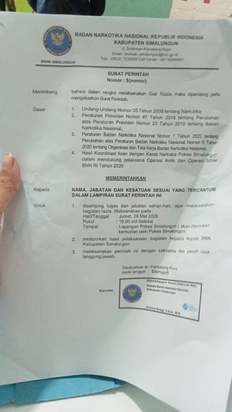 Sprin Diterbitkan Bulan Mei, BNN Simalungun Baru Razia Sebulan Kemudian, Pelaku Usaha: Razia Tidak Sah - TajamNews