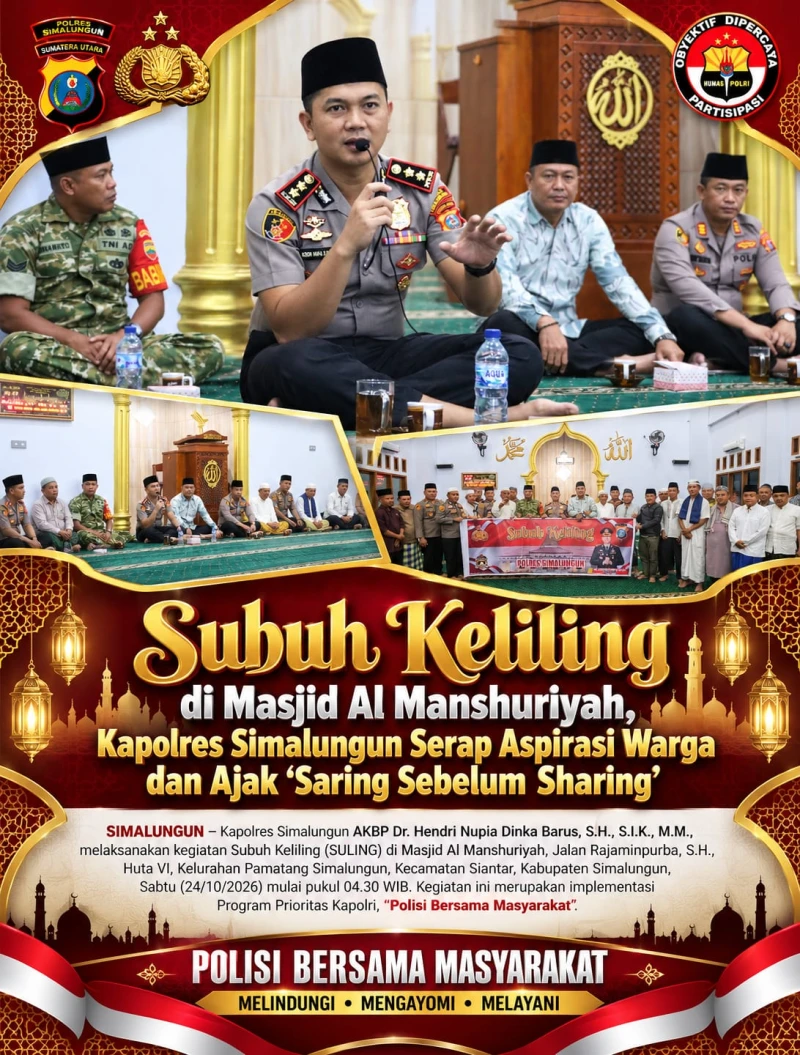 Subuh Keliling di Masjid Al Manshuriyah, Kapolres Simalungun Serap Aspirasi Warga dan Ajak "Saring Sebelum Sharing" - TajamNews
